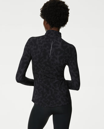 Funnel Neck Half Zip Running Top - Black Leopard