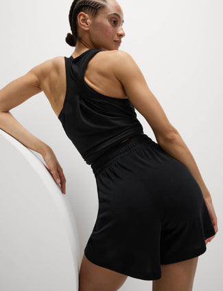 Modal Rich Ribbed Relaxed High Waisted Yoga Shorts - Black