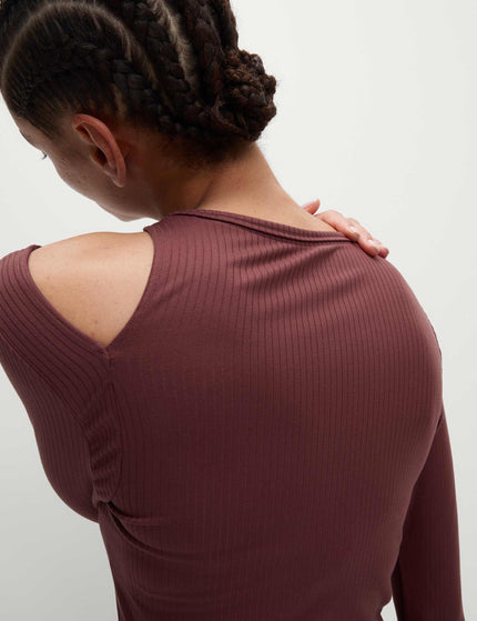 Goodmove Rib Cold Shoulder Fitted Yoga Top - Dark Taupeimages3- The Sports Edit