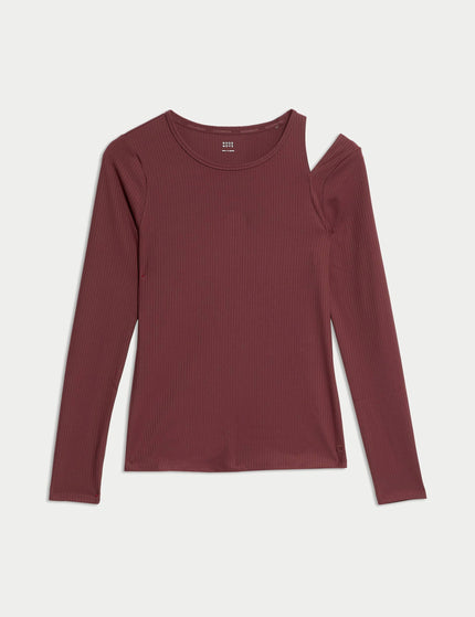Goodmove Rib Cold Shoulder Fitted Yoga Top - Dark Taupeimage6- The Sports Edit