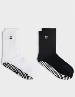 Pilates Crew Gripper Sock 2 Pack - White/Black